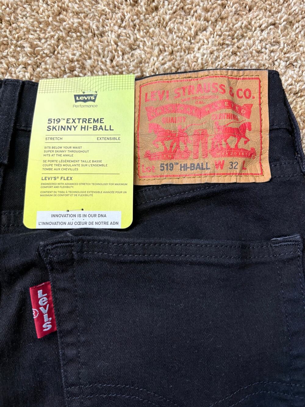 NWT 519 Skinny Hi-Ball Denim Jeans Mens Size 32 Black